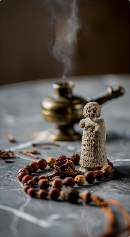 Sumerian figurine with incense and prayer beads
